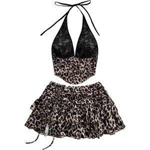 Women's Leopard Skirt Set Polyester Casual Summer Outfits Flare Mini